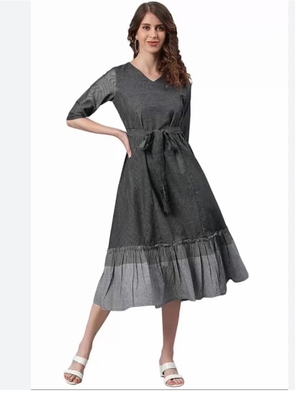 Janaysa Striped Fit and Flare Midi Dress w Tie Waist XL